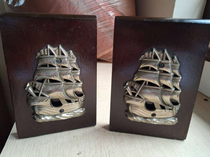 Vintage mid-century Mahigany brass sailing ship bookends
