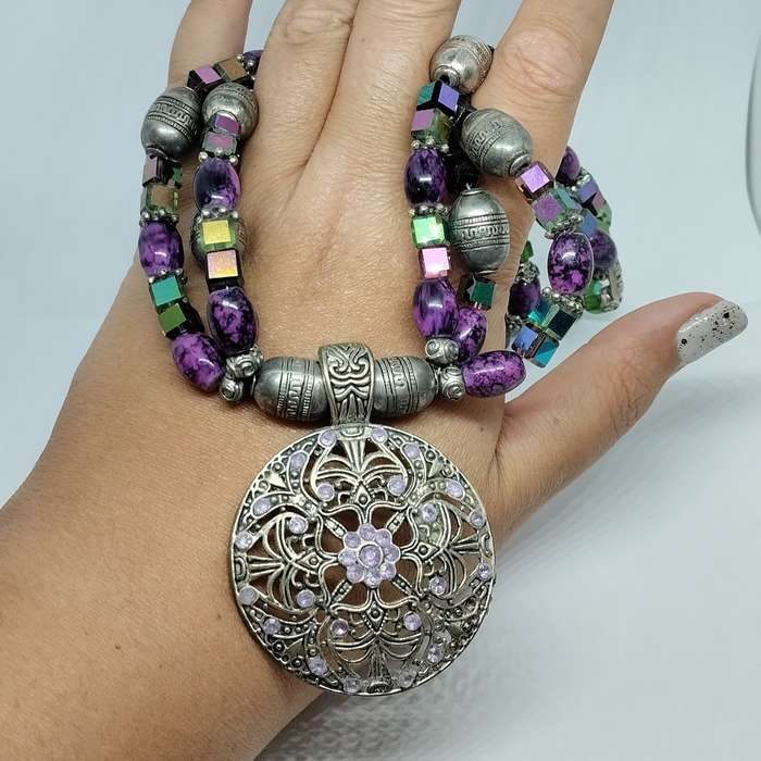 Chunky Purple and Green Beaded Necklace #F0101