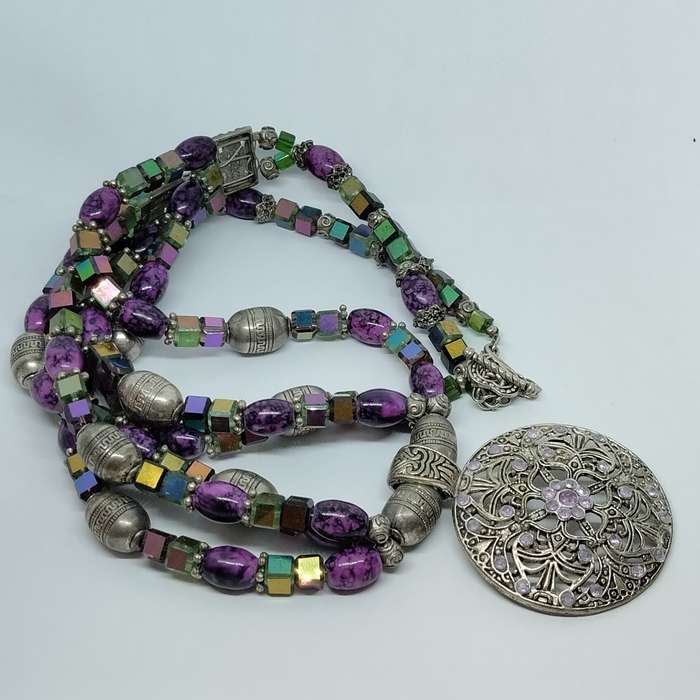 Chunky Purple and Green Beaded Necklace #F0101