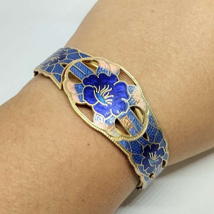Vintage Cloisonne Enamel Lotus Flower Bracelet #F0097
