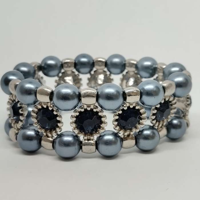Blue and Silver Beaded Stretch Bracelet #F0103