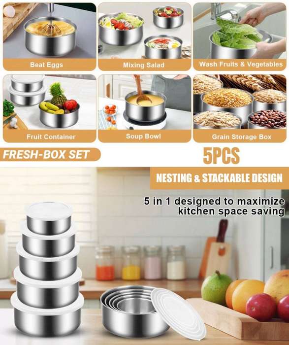 5PCS STAINLESS STEEL FOOD STORAGE CONTAINERS WITH LIDS