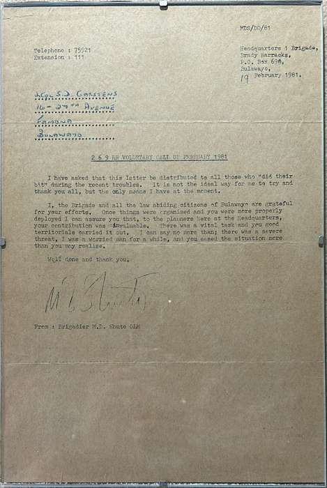 RHODESIA REGIMENT - FRAMED LETTER COMMENDATION