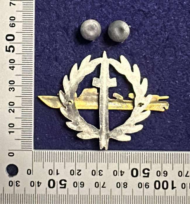 OLD S.A. NAVY LATER ISSUE STRIKE-CRAFT BADGE, TWO PIECE, GILDED STRIKE-CRAFT ON CHROMED WREATH