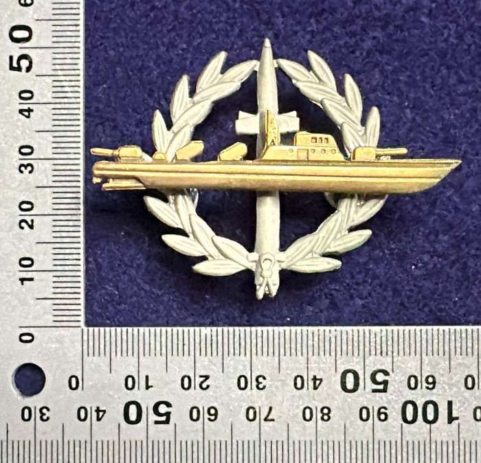 OLD S.A. NAVY LATER ISSUE STRIKE-CRAFT BADGE, TWO PIECE, GILDED STRIKE-CRAFT ON CHROMED WREATH