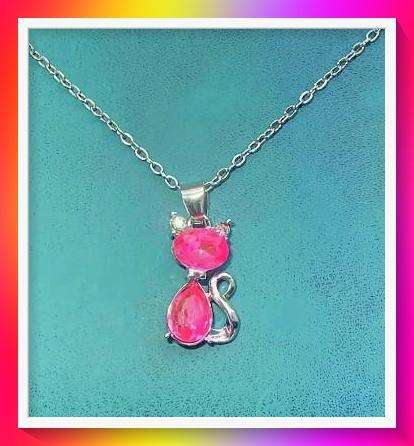 Lovely pink simulated gemstone cat design necklace