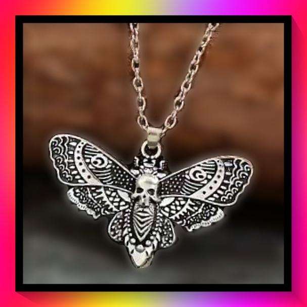 Boho-Chic Silvery-Plated Moth Skull Pendant Necklace