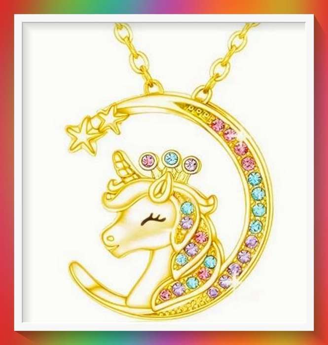 Fantasy Colourful Crescent Moon Unicorn Pendant Necklace