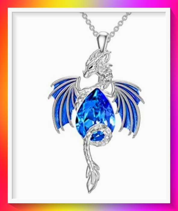 Sparkling Teardrop Blue Rhinestone Dragon design Pendant Necklace