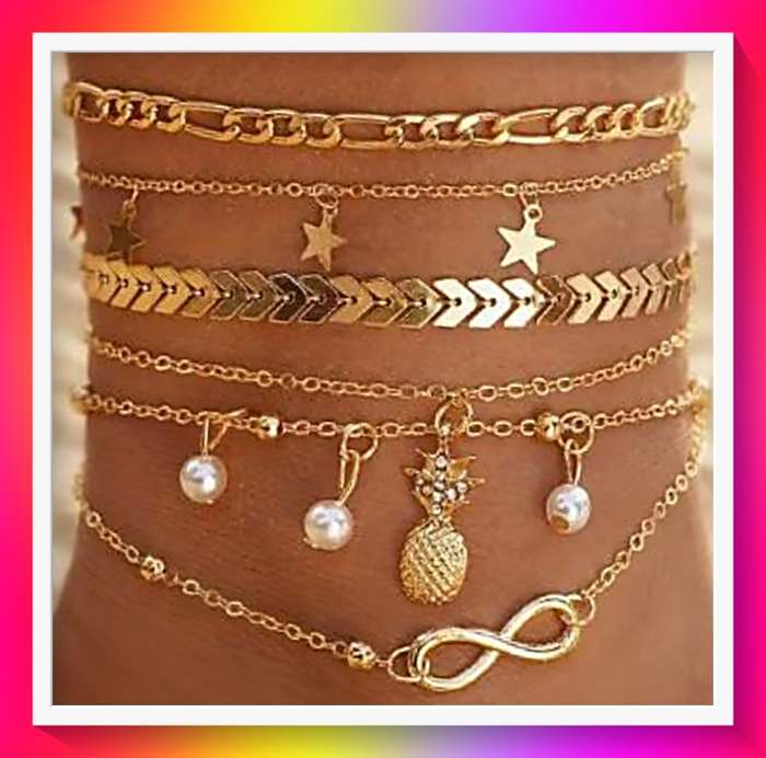 Amazing Vintage Golden Pineapple Faux Pearl Charm Anklet 5pcs