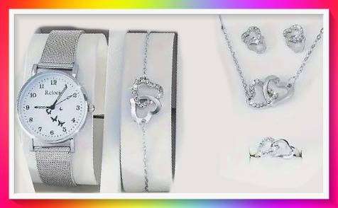Casual Butterfly Quartz Watch Analog Mesh Band Wrist Watch & Heart Jewellery Set
