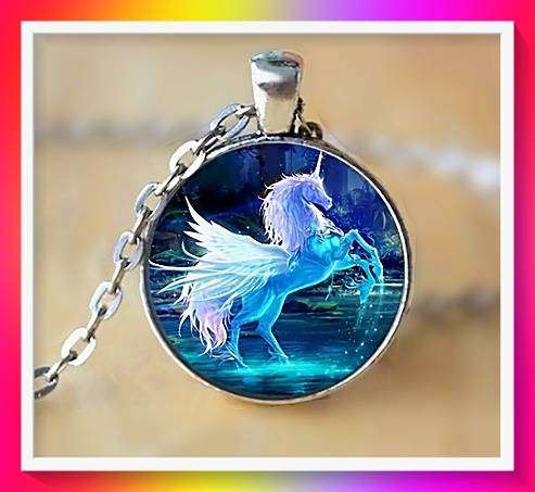 Vibrant Mosaic Glass Unicorn Round Pendant Necklace
