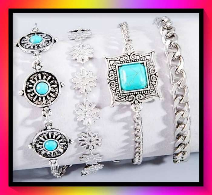Vintage Boho 4-Piece Bracelet Set, Turquoise Inlay, Cuban Chain, Intricate Carving
