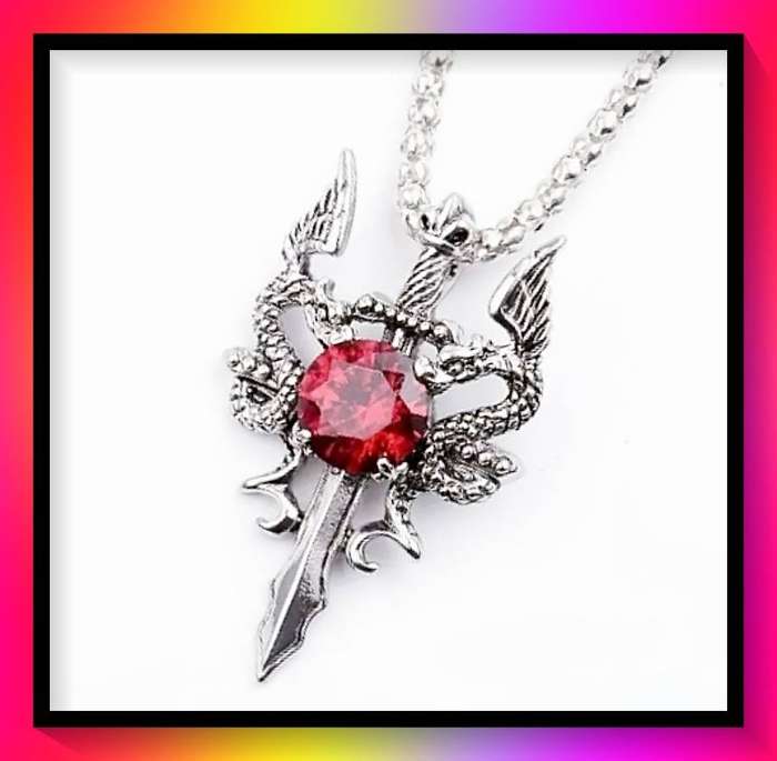 Retro-Inspired Red Double Dragon Cross Sword Pendant Necklace