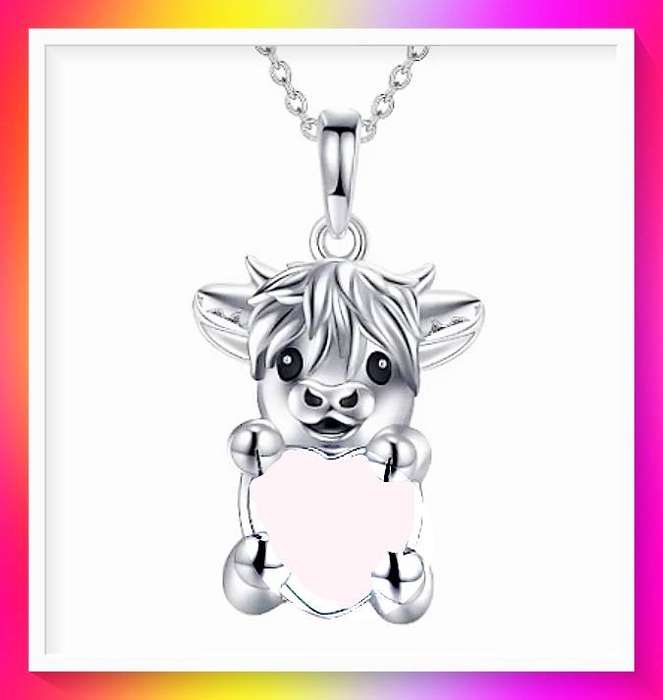Cute Cow Pendant Necklace, Pink Glass Inlay