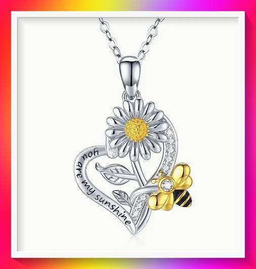Cute Colorful Sunflower And Bee Heart-shaped Pendant Necklace