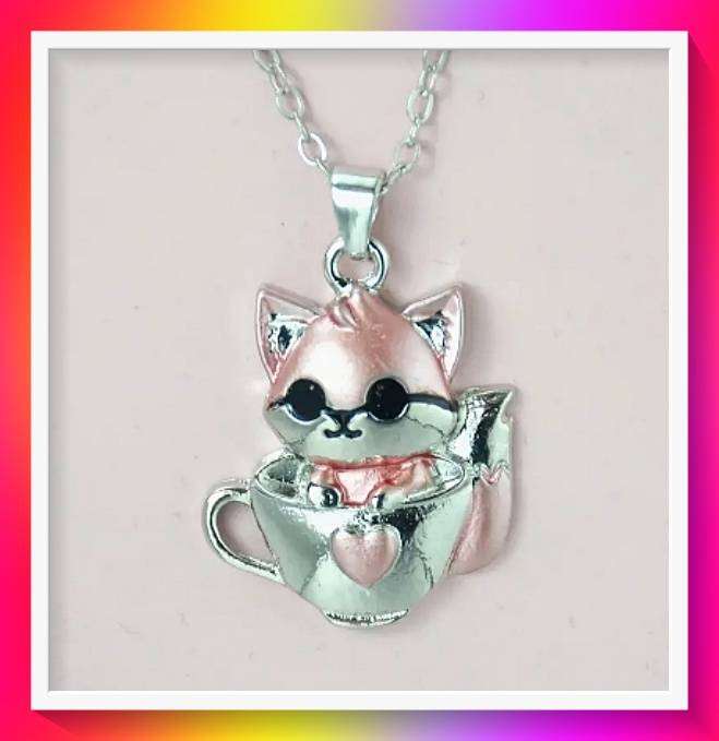 Charming Love-Heart Kitten in a Mug Necklace and Pendant