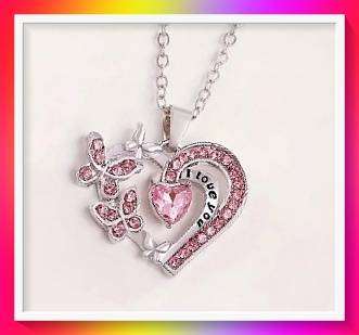 Exquisite Pink Heart-Shaped Butterfly Rhinestone Necklace