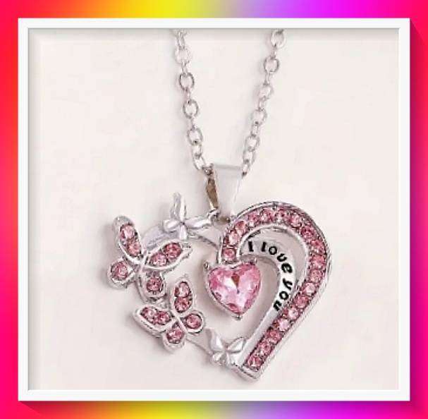 Elegant Butterfly I Love You Pink Heart-shaped Pendant Necklace