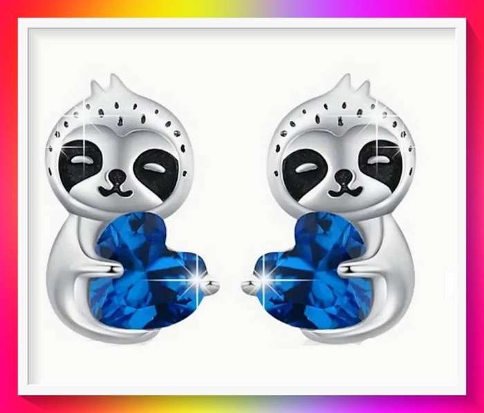 Charming Sloth Hugging Blue Heart Stud Earrings