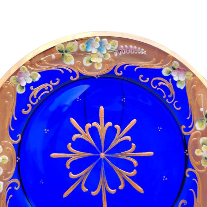 Bohemian Czech Glass Hand Painted Gold Plate Cobalt Blue with Flowers
