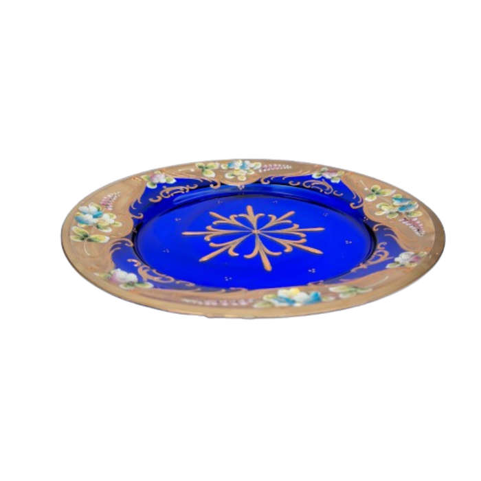 Bohemian Czech Glass Hand Painted Gold Plate Cobalt Blue with Flowers