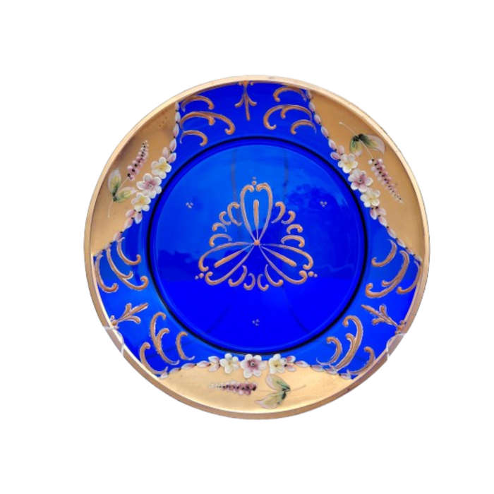 Bohemian Czech Glass Hand Painted Gold Plate Cobalt Blue with Flowers
