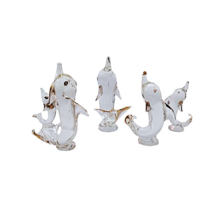 Stunning Boxed Family of Glass Dolphins with Gold Trim