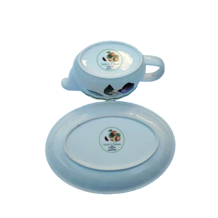 Fruits and Flowers Royal Bone China Sauce Boat on Plate