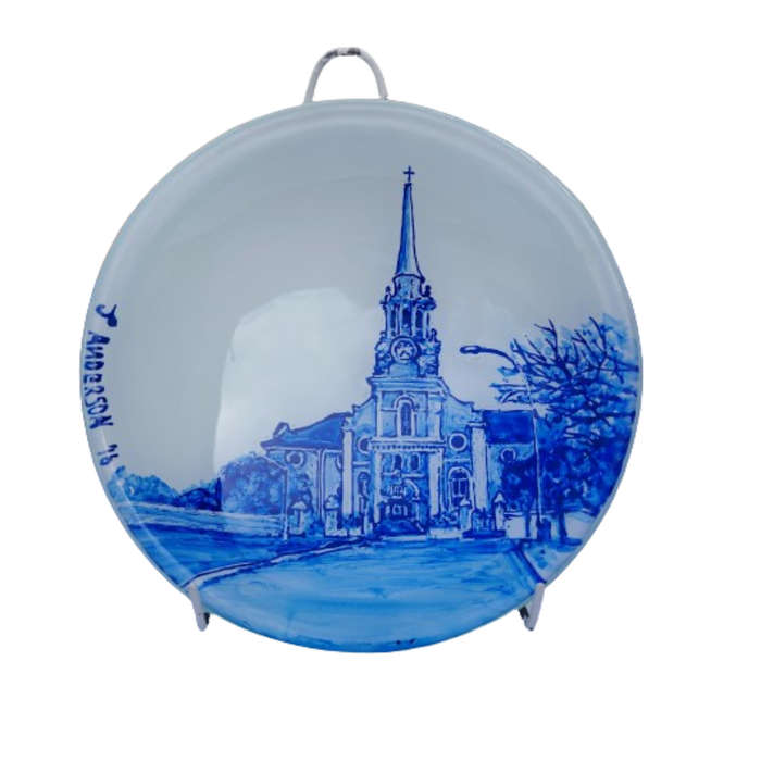 Two Glass Dish Blue on White Church J.Anderson