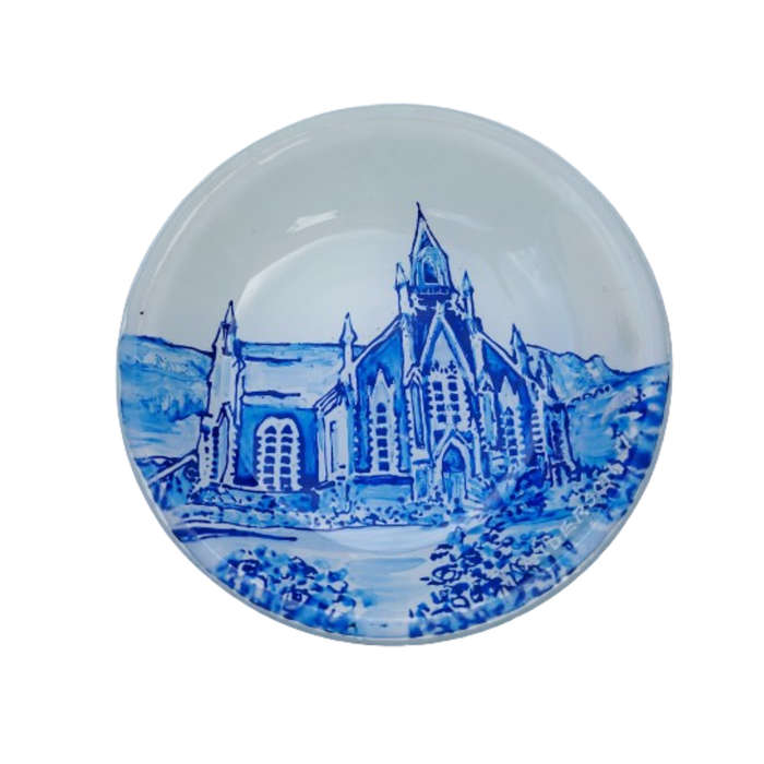 Two Glass Dish Blue on White Church J.Anderson