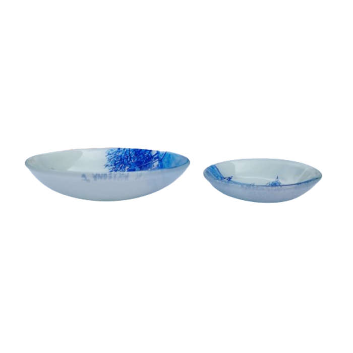 Two Glass Dish Blue on White Church J.Anderson