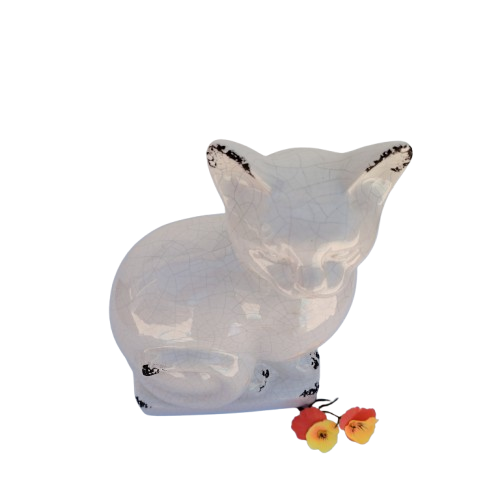Large Sitting White Raku Glazed Cat