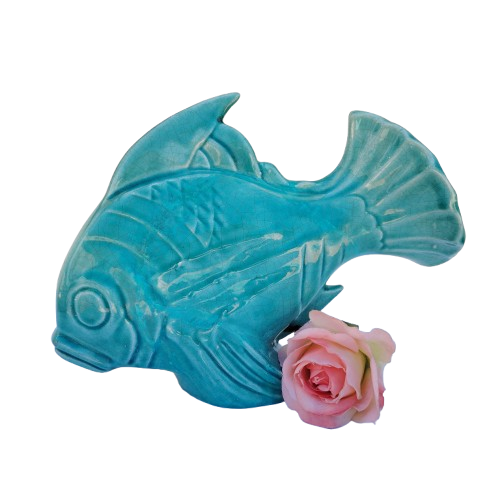 Art Deco Large Crackled Ceramic Glazed Blue Fish