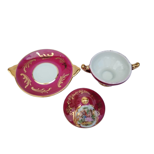 Limoges Fragonard Porcelain Gold Trimmed Miniature Soup Tureen on Plate