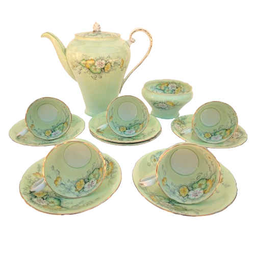 Aynsley Pale Green with Flowers Gold Trim Tea Set