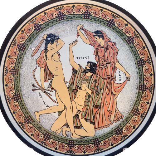 Terracotta Display Plate Souvenir Greek Tityos, three nude mythological figures
