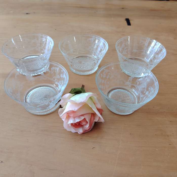 Five Vintage Crystal Etched Berry Dishes