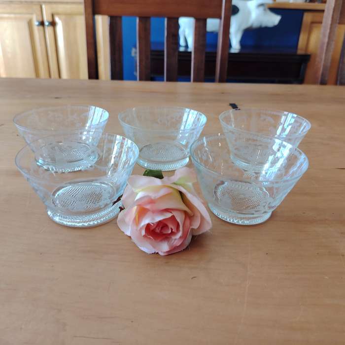Five Vintage Crystal Etched Berry Dishes