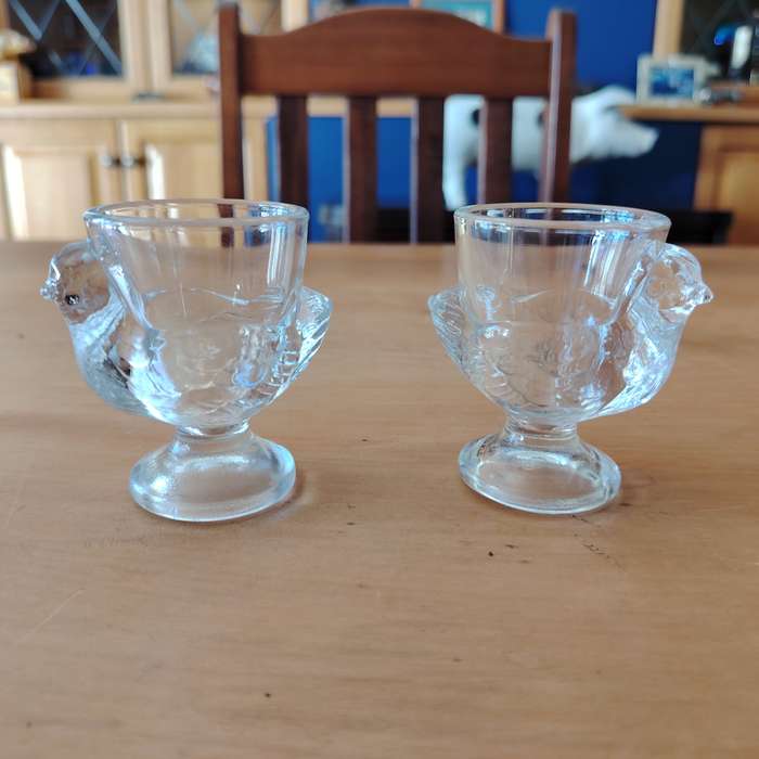 Vintage Pair Luminarc France Clear Glass Egg Cups Hen