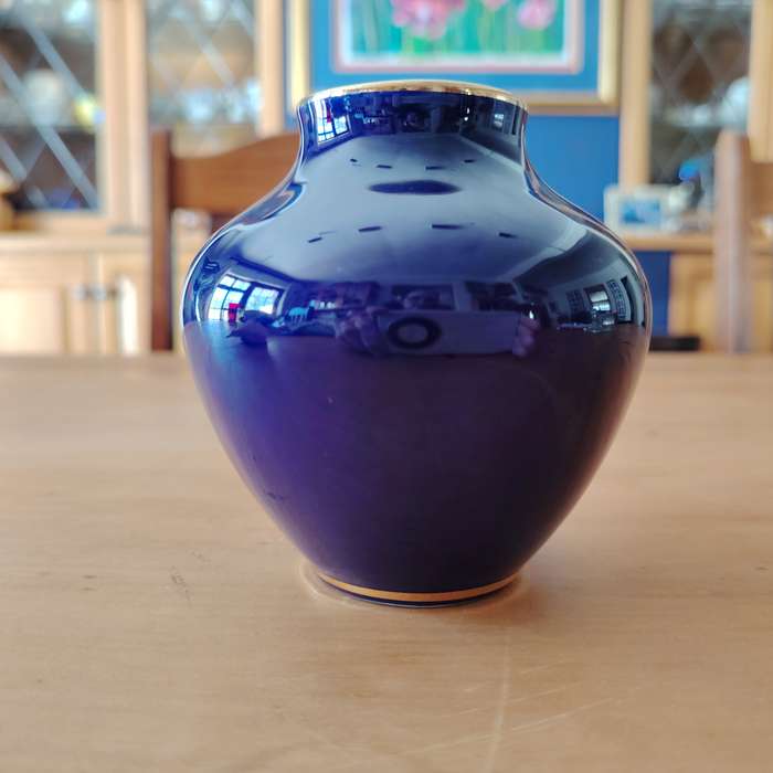 Round Courting Couple Cobalt Blue with Gold Etching Vase