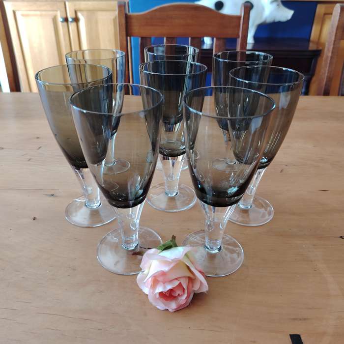 Gorgeous set of 8  Debutante Gray blown glass wine/water glasses