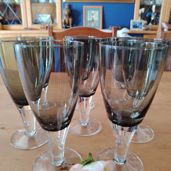 Gorgeous set of 8  Debutante Gray blown glass wine/water glasses