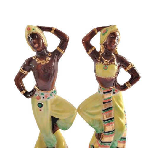 Pair of Ceramic Hand Painted Dancers with Gold Detail