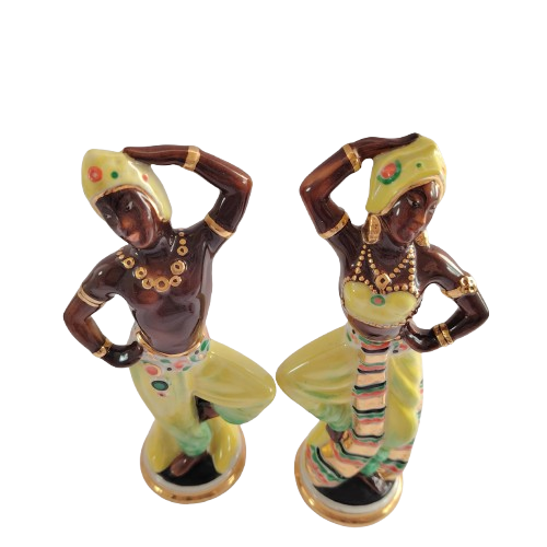 Pair of Ceramic Hand Painted Dancers with Gold Detail