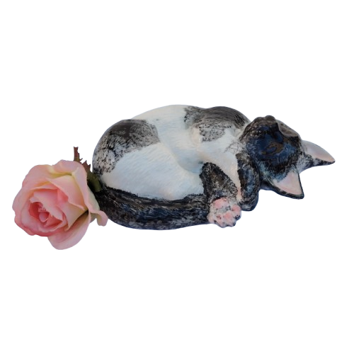 Large Sleeping Black and White Tabby Ceramic Cat