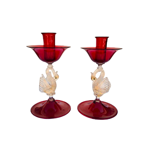 Murano Mid Century Glass Pair Candle Holders Red Glass with Gold Leaf