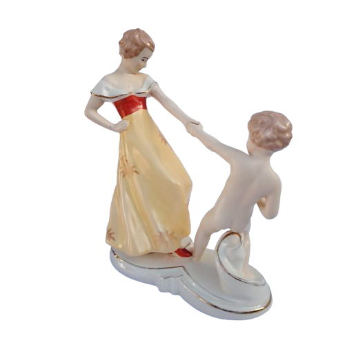 Czechoslovakian earthenware figural group of a dancing mother and child, 1940s