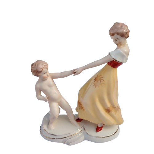Czechoslovakian earthenware figural group of a dancing mother and child, 1940s