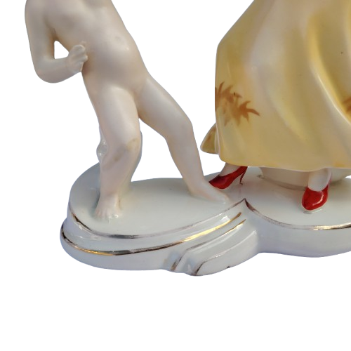 Czechoslovakian earthenware figural group of a dancing mother and child, 1940s